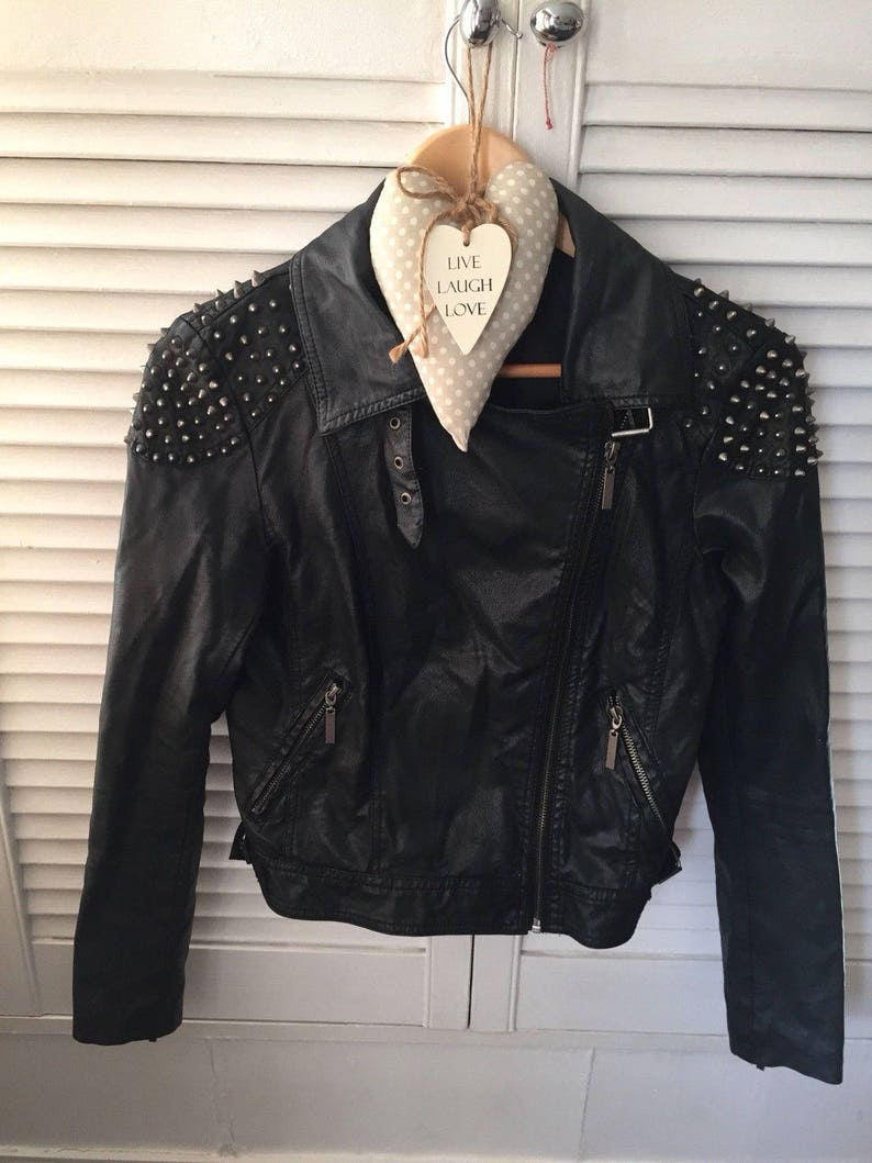 Funky Punk Black Faux Leather Biker Jacket Studded 10 Buckle Detail