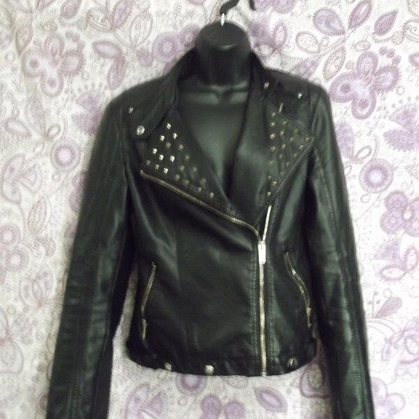 Funky PUNK Black FAUX leather womens BIKER jacket with studs size 10