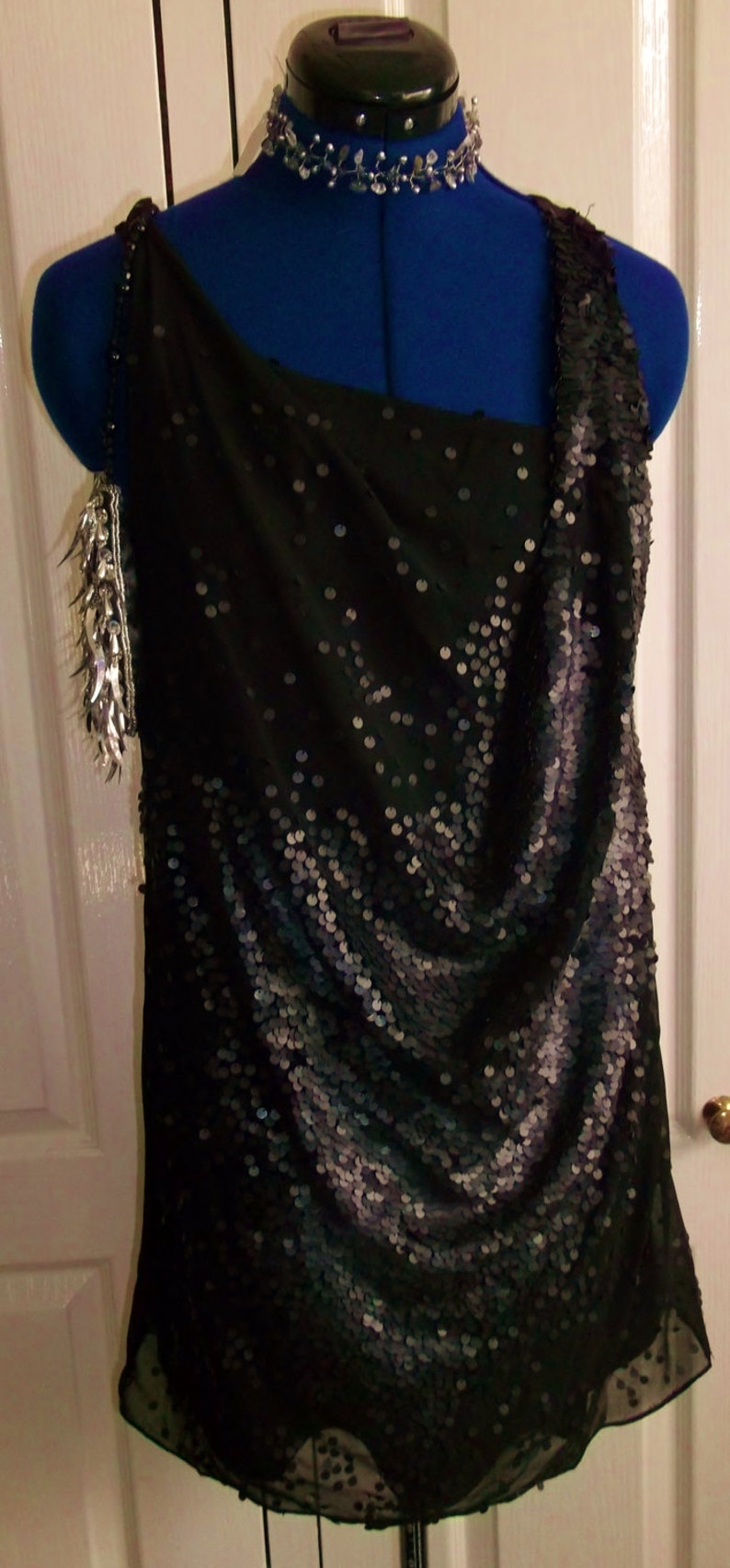 Access your inner DIva Retro 'little black dress' size 12, drapes, sleeveless, dull sequins image 1