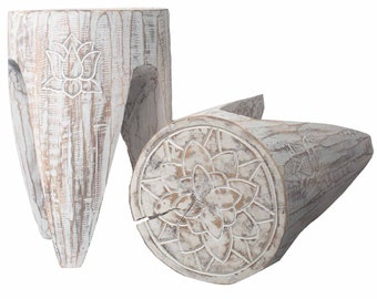 Hand-Made decorated  Tribal Tables / Stools Alabasia wood. 30x30x40cm-whitewssh