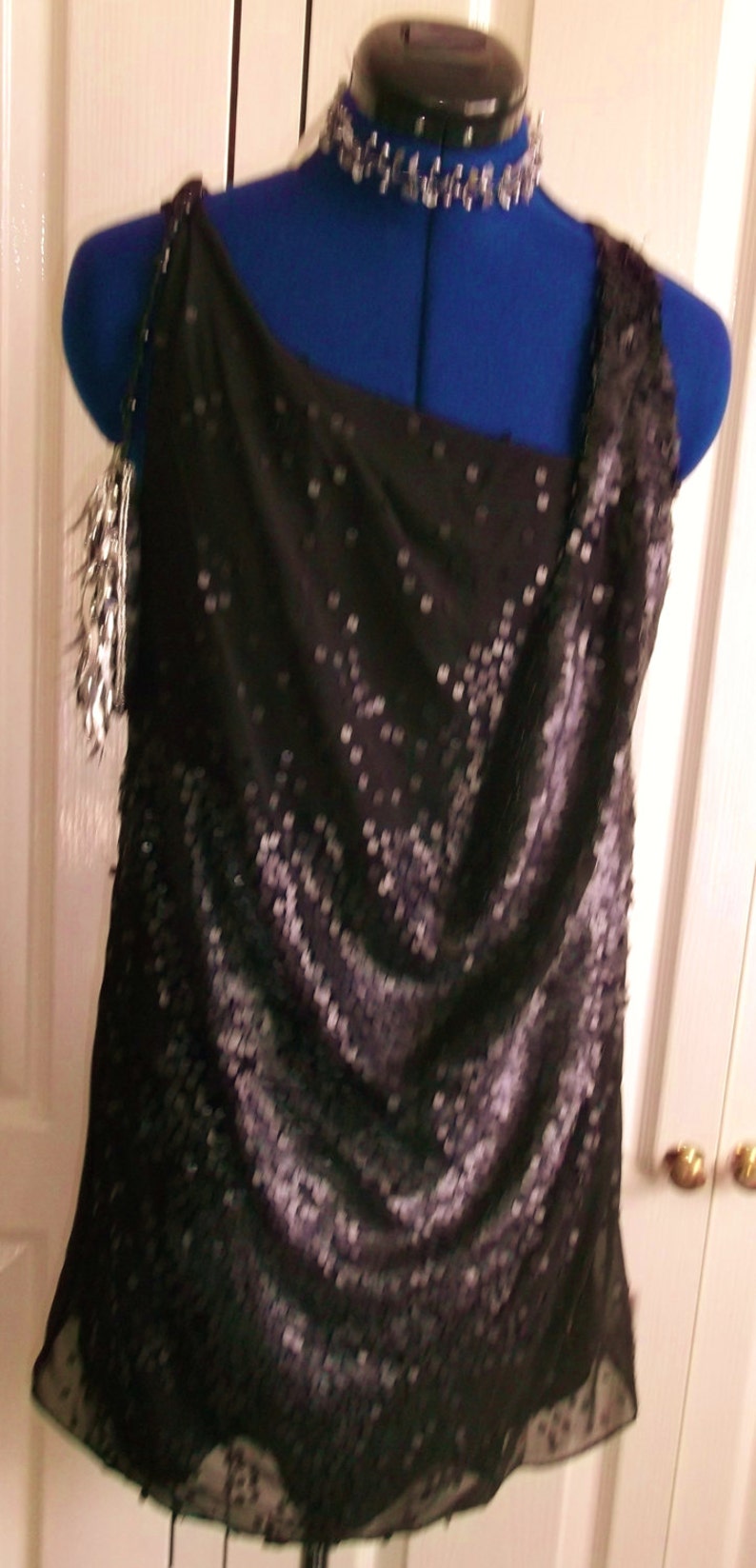 Access your inner DIva Retro 'little black dress' size 12, drapes, sleeveless, dull sequins image 2