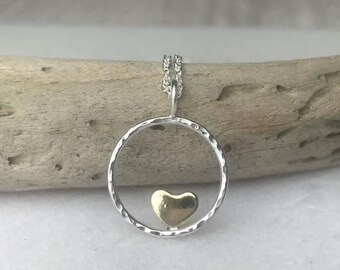 hand-made, artisan-crafted, silver and Brass Heart Hoop Necklace