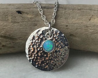 hand-made, Blue Opal Disc Necklace, silver, intricate craftmanship-15mm diam