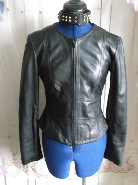 no collar black leather jacket