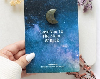 Moon & Back Labradorite Crystal Moon Greeting Card H15cm x W10.5cm x D1cm