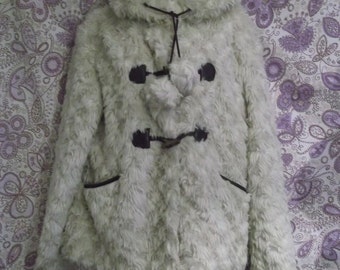 Ribbon" fluffy cream winter coat size 14.unusual fastening. sumptuously fluffy & warm