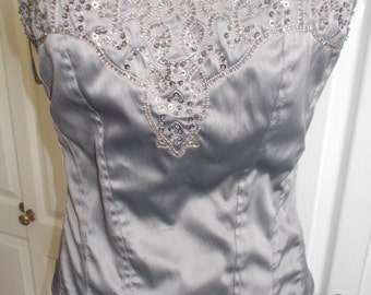 Stunning Vintage eye-catching SteamPunk silver silk corset with exquisite hand-embellished, sequins