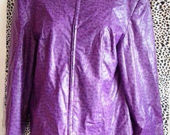 funky punky-faux leather biker style jacket-purple leopard spots, zip fastening.chest 38"/size 12