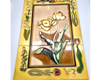 Art Nouveau Style Floral Ceramic Tile Mural 6-Piece Set Yellow Brown