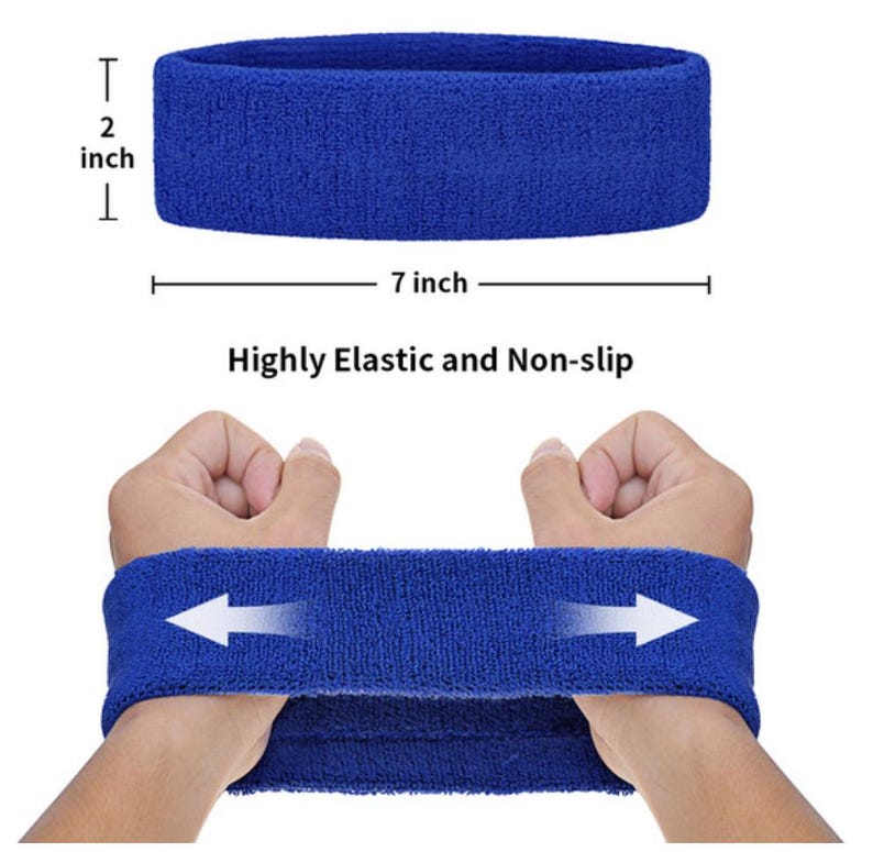 Puede incluir: Una cinta para la cabeza azul, de 5 cm de ancho y 18 cm de largo. Se muestra el texto "Highly Elastic and Non-slip". La cinta se estira para mostrar su elasticidad.
