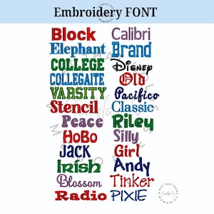 Puede incluir: Un fondo blanco muestra una variedad de fuentes de bordado en diferentes colores. El texto "Embroidery FONT" est&aacute; en la parte superior. Los nombres de las fuentes incluyen Block, Elephant, College, Varsity, Stencil, Peace, Hobo, Jack, Irish, Blossom, Radio, Calibri, Brand, Disney, Old, Pacifico, Classic, Riley, Silly, Girl, Andy, Tinker y Pixie.