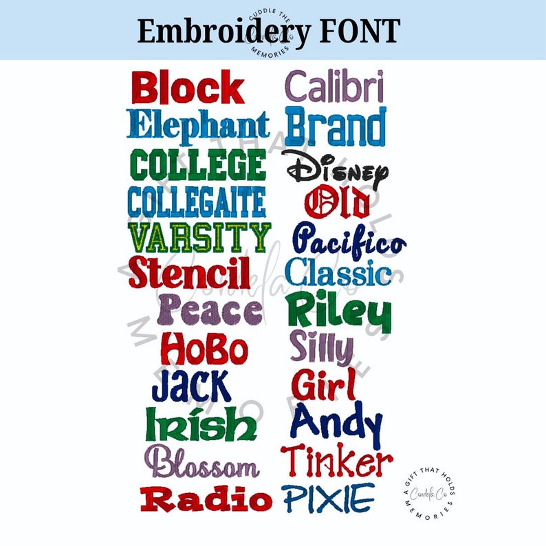 Puede incluir: Un fondo blanco muestra una variedad de fuentes de bordado en diferentes colores. El texto "Embroidery FONT" est&aacute; en la parte superior. Los nombres de las fuentes incluyen Block, Elephant, College, Varsity, Stencil, Peace, Hobo, Jack, Irish, Blossom, Radio, Calibri, Brand, Disney, Old, Pacifico, Classic, Riley, Silly, Girl, Andy, Tinker y Pixie.