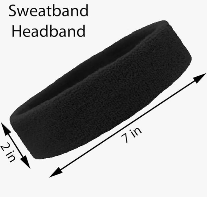 Puede incluir: Diadema negra para el sudor, de aproximadamente 17,8 cm de largo y 5,1 cm de ancho. El texto "Sweatband Headband" est&aacute; en la parte superior. Esta diadema absorbente est&aacute; dise&ntilde;ada para evitar que el sudor entre en los ojos.