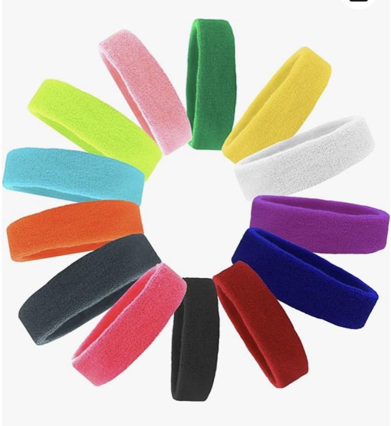 Puede incluir: Colecci&oacute;n de cintas para la cabeza de rizo coloridas en varios tonos, incluyendo verde, amarillo, blanco, morado, azul, naranja, negro, rosa y rojo. Estas cintas para el sudor est&aacute;n dise&ntilde;adas para actividades deportivas y de fitness.