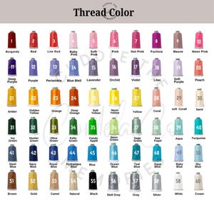 Puede incluir: Una carta de colores que muestra una variedad de colores de hilo, cada uno etiquetado con un n&uacute;mero y un nombre. La carta incluye tonos de rojo, rosa, morado, amarillo, verde, azul y tonos neutros. El texto "Thread Color" est&aacute; en la parte superior.