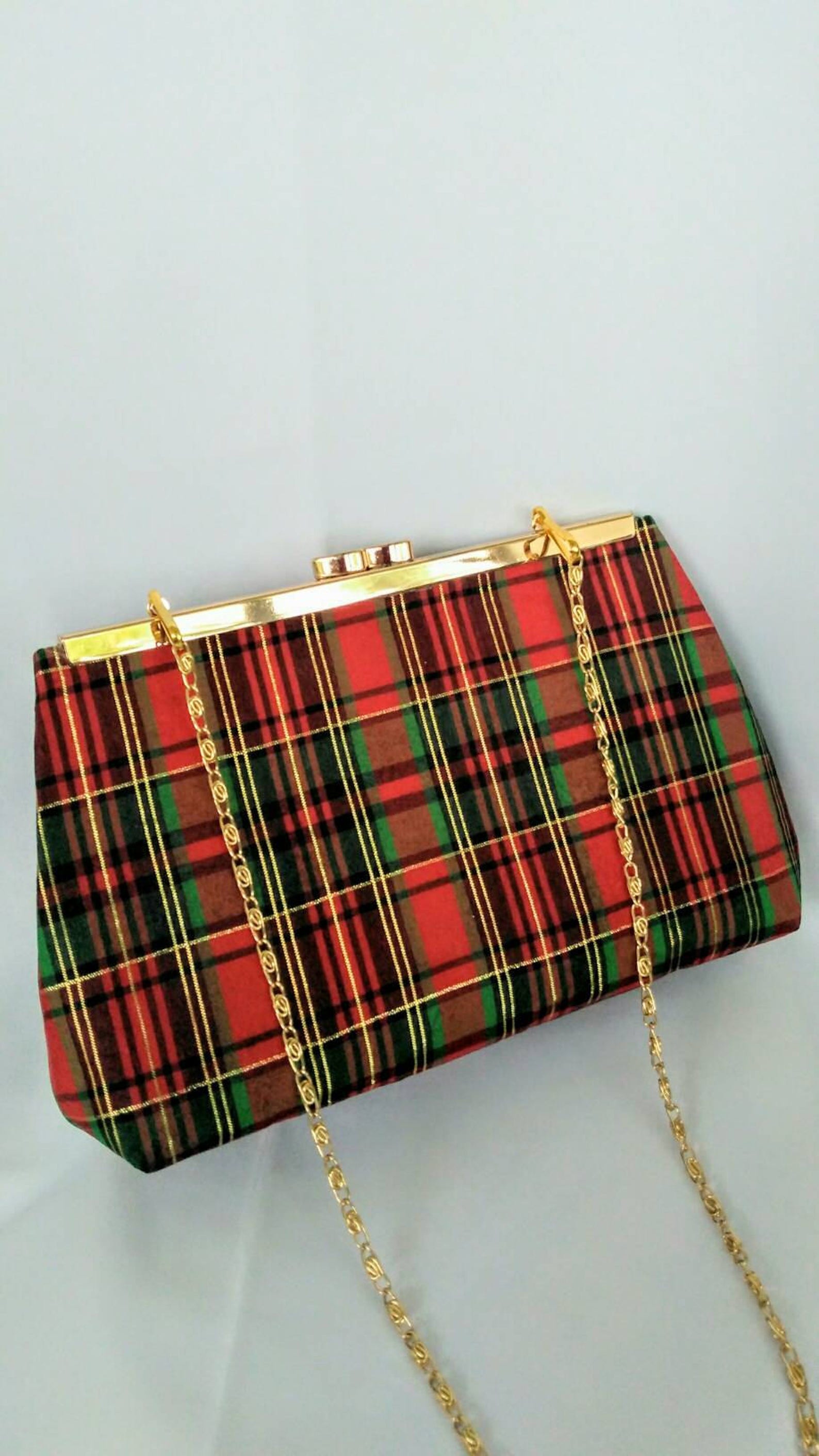 red and green plaid purse