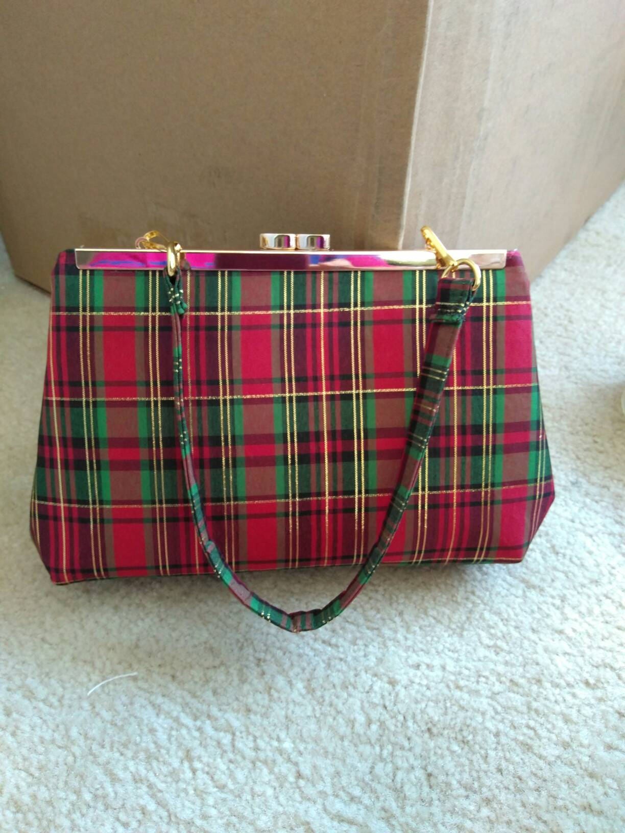 red and green plaid purse