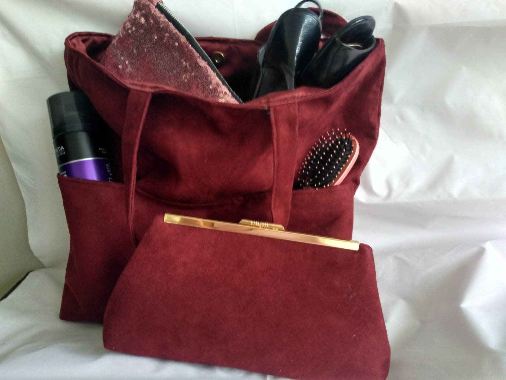 burgundy suede clutch bag