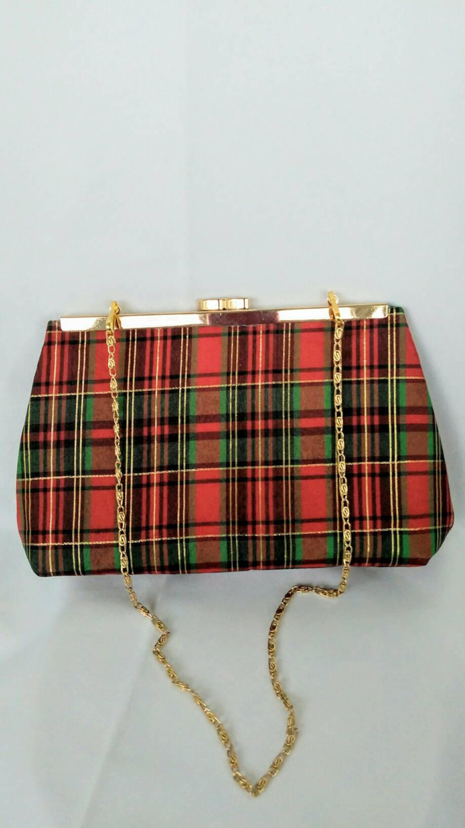 red tartan clutch bag