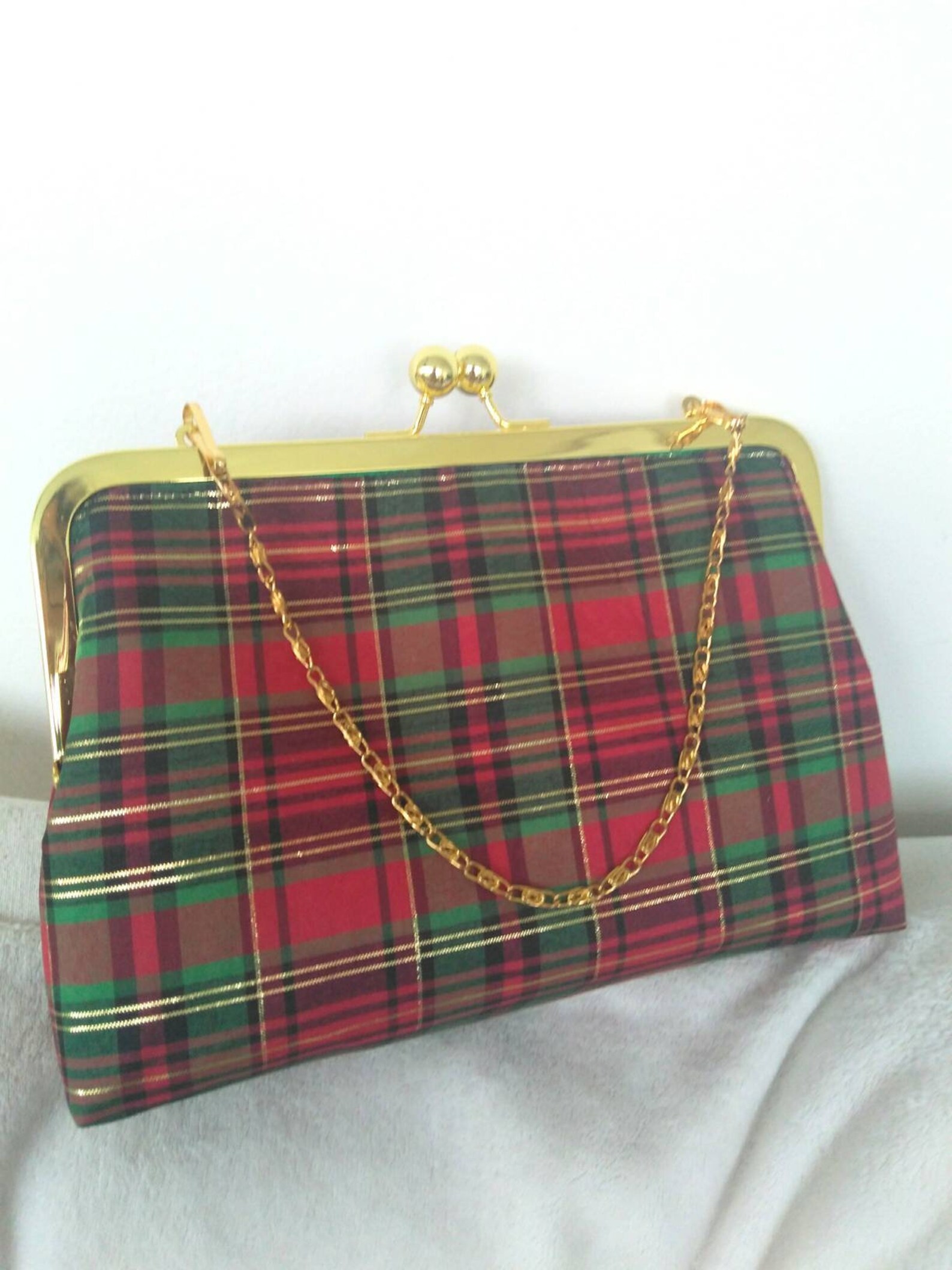red and green plaid purse