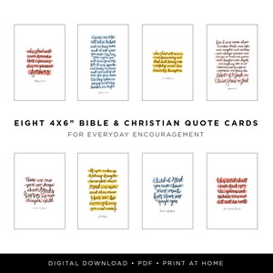 May include: Eight printable 4x6 inch cards with inspirational quotes and bible verses. The cards feature a variety of colors and fonts, including pink, blue, yellow, and white. The quotes include: "He found all who labor and are heavy laden", "Child of God you were chosen", "There is no one deeper than God's love", "His word shall not fail you", "If you make up your mind to stay strong", "He found all who labor and are heavy laden".