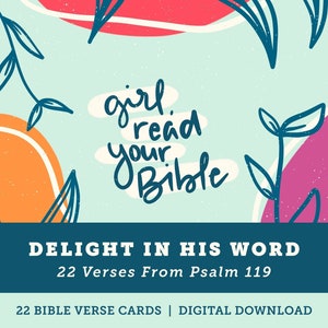 Ragazza, leggi la tua Bibbia / download digitale / Salmo 119 / 22 carte 5x5 / carte dei versetti della Bibbia / deliziati nella Sua Parola / scrittura stampabile