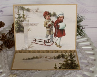 Handmade Christmas Card, Vintage Children Love holiday greeting Card Pion Design