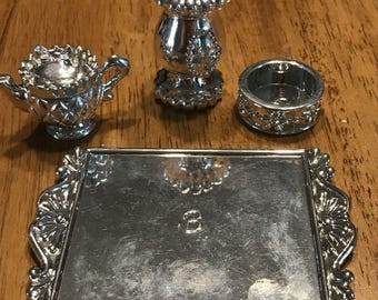 Mattel Barbie Doll Silver Tray, Covered Dish Bowl Vase Teapot 90s