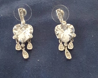 Crystal heart earrings, sterling silver, vintage drop