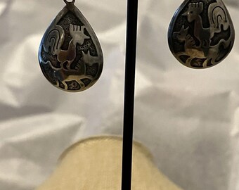 Sterling Silver 925 Earrings Rooster and Horse Tribal Teardrop