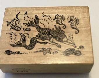 PSX F-075 Rubber Stamp Mermaid Fish Under the Sea Wood Mount vintage Ocean