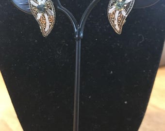 Vintage Deutschland Ohrclips Ohrringe zweifarbig Strass Aurora Borealis Zentrum