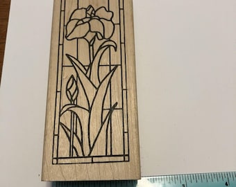 Iris Flower Stained Glass Window Rubber Stamp make an impression Wood Mount