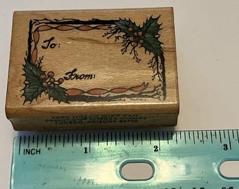 Holly Geschenkanhänger, Comotion Gummistempel, Weihnachtsgeschenk, Vintage 90er Jahre, Holzhalterung