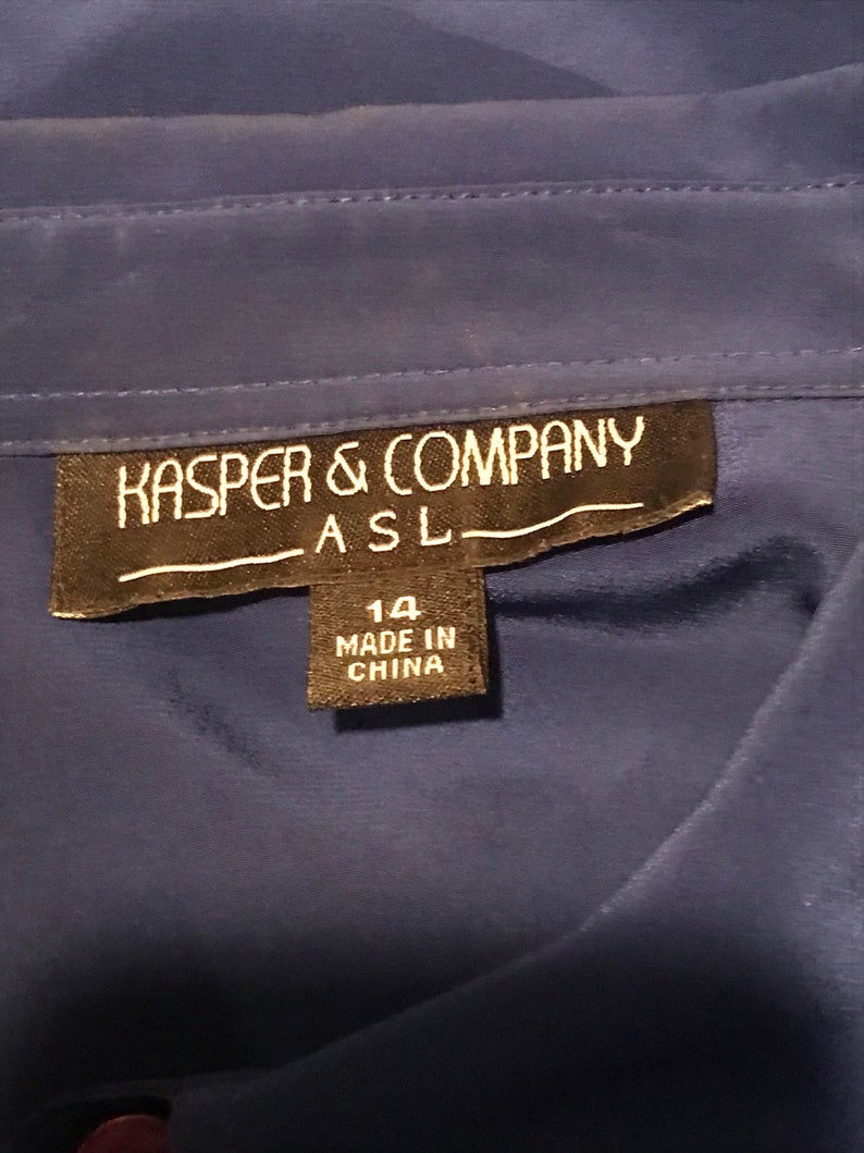 Kasper & Co ASL Blue Poly Blouse Size 14 Vintage Button Front Silky ...