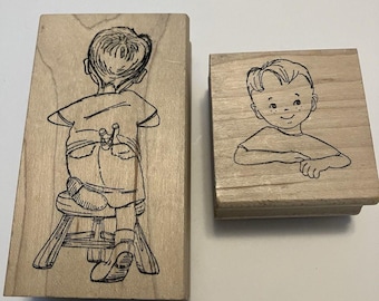 Art Impressions Boy Rubber Stamps Face Back Stool Slingshot Wood Mount Q-1524