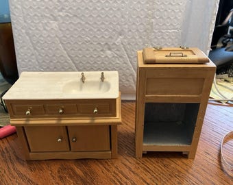 Vintage Puppenhaus Möbel Holz Spülbecken und Eisfach , 1:12