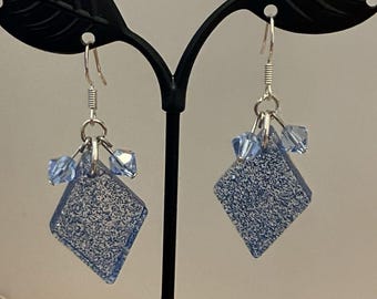 Blue Diamond Shaped Earrings Glitter Silver tone hook dangle Beads