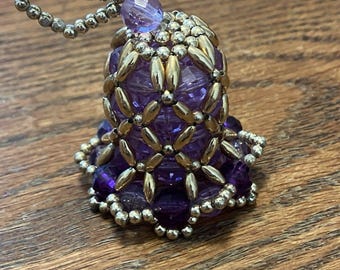 Beaded Bell Ornament Purple Gold handmade 2"x1.5" plus loop