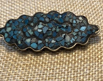 Vintage Brooch Inlaid Turquoise Silver Tone Pin Southwestern Style Art Deco