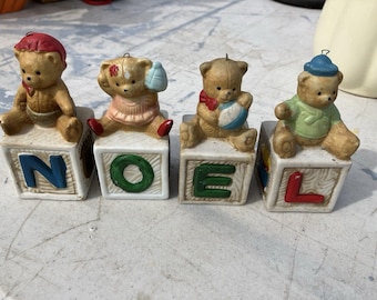 Noel Bears Blocks Ornaments Christmas Around The World Decor Vintage 80s