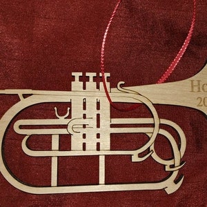 Laser cut and engraved wooden "Mellophone" Ornament