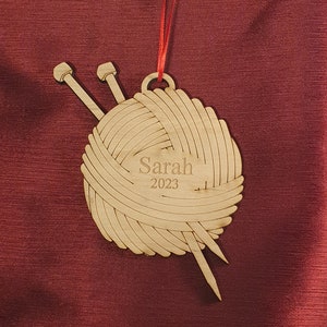 Laser cut and engraved wooden, &quot;knitting&quot; Ornament