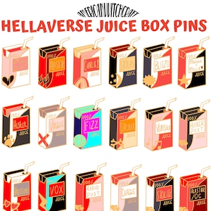 May include: A selection of juice box pins, each with a unique design and character name. The pins, featuring a straw, are in a variety of colours, including red, pink, black, and blue. The text "HELLAVERSE JUICE BOX PINS" is at the top. The pins are ideal for collectors.