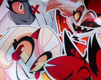 May include: A collection of colorful stickers featuring cartoon characters with expressive faces. The stickers showcase a variety of designs, including characters with red, white, and black color schemes. The stickers are on a red and yellow background.