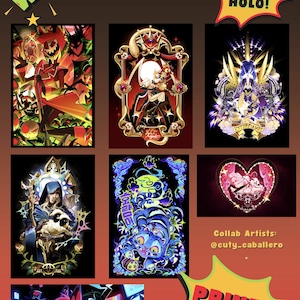 May include: A promotional image featuring several colorful illustrations of stylized characters. Text includes "WOW!", "GLOSSY or HOLO!", and "PRINTS 11X17". The image also displays the text "AWC + Lady G" and "Collab Artists: @cuty_caballero".