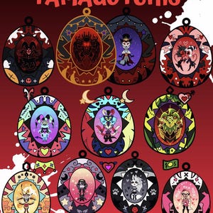 May include: A collection of Helluva Boss Tamagotchi-style pendants. Each pendant features a unique character design within an oval frame, with vibrant colors and intricate details. The pendants have a loop at the top for hanging and are set against a red background.