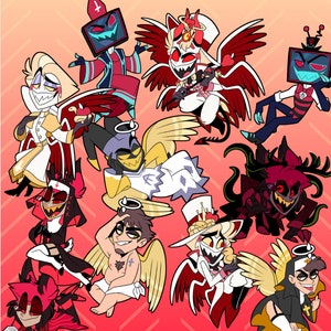 May include: A collection of Hazbin Hotel character illustrations featuring various figures in red, white, and black outfits. Text reads LADY G VALENTINE & AMERICANVVITCHCRAFT at the top and HAZBIN HOTEL FANPIN PREORDER 2" ENAMEL PIN COLLECTION at the bottom.