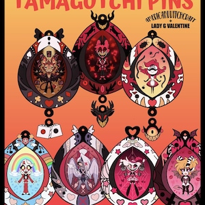 May include: A collection of Hazbin Hotel Tamagotchi pins. Each pin features a unique character design within a teardrop-shaped frame. The pins showcase vibrant colors and intricate details, with text that reads "Hazbin Hotel TAMAGOTCHI PINS".