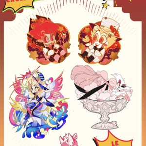 May include: A collection of five colorful character enamel pins featuring animated figures, including a red-haired character, a blonde character in a top hat, a magical figure, a character in a bubble bath, and a small pink creature, with text reading AWC HBC 2025, WOW!, HBC EXCLSVE, and LE Mixed Grades.